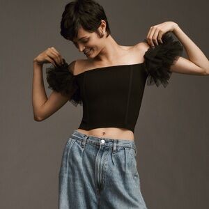 ASTR The Label Off-Shoulder Black Tulle Puff-Sleeve crop sweater